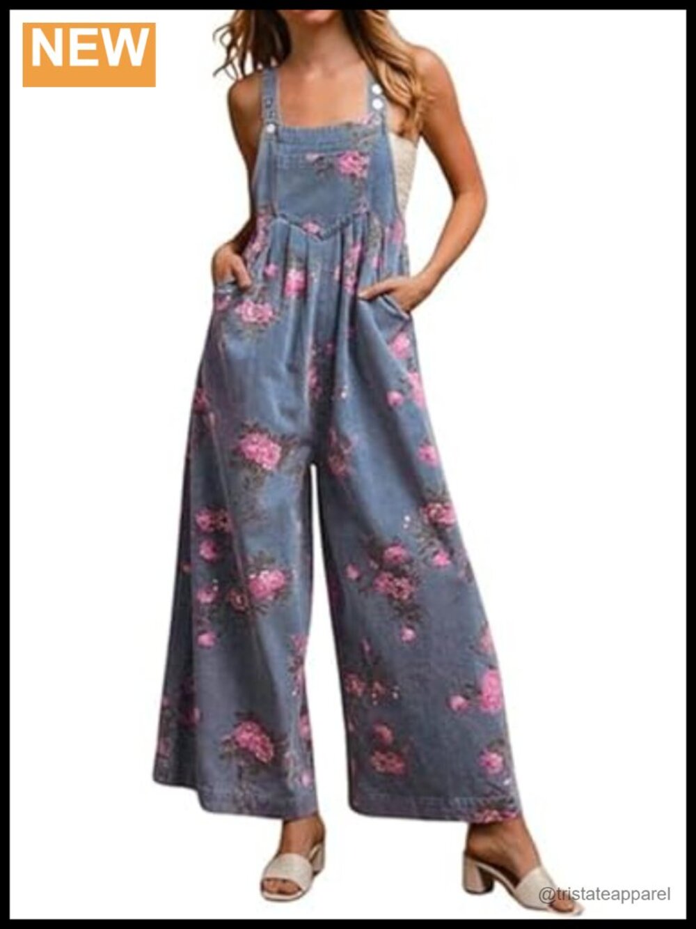 Sleeveless Floral Denim Bib Overalls Wide Leg Jean Jumpsuit Long Tank Romper